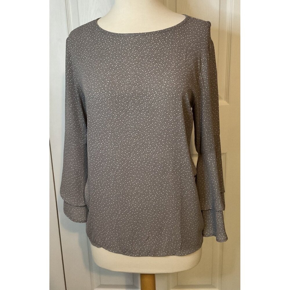 Loft Gray White Dot Blouse Top Peasant Sleeve Small